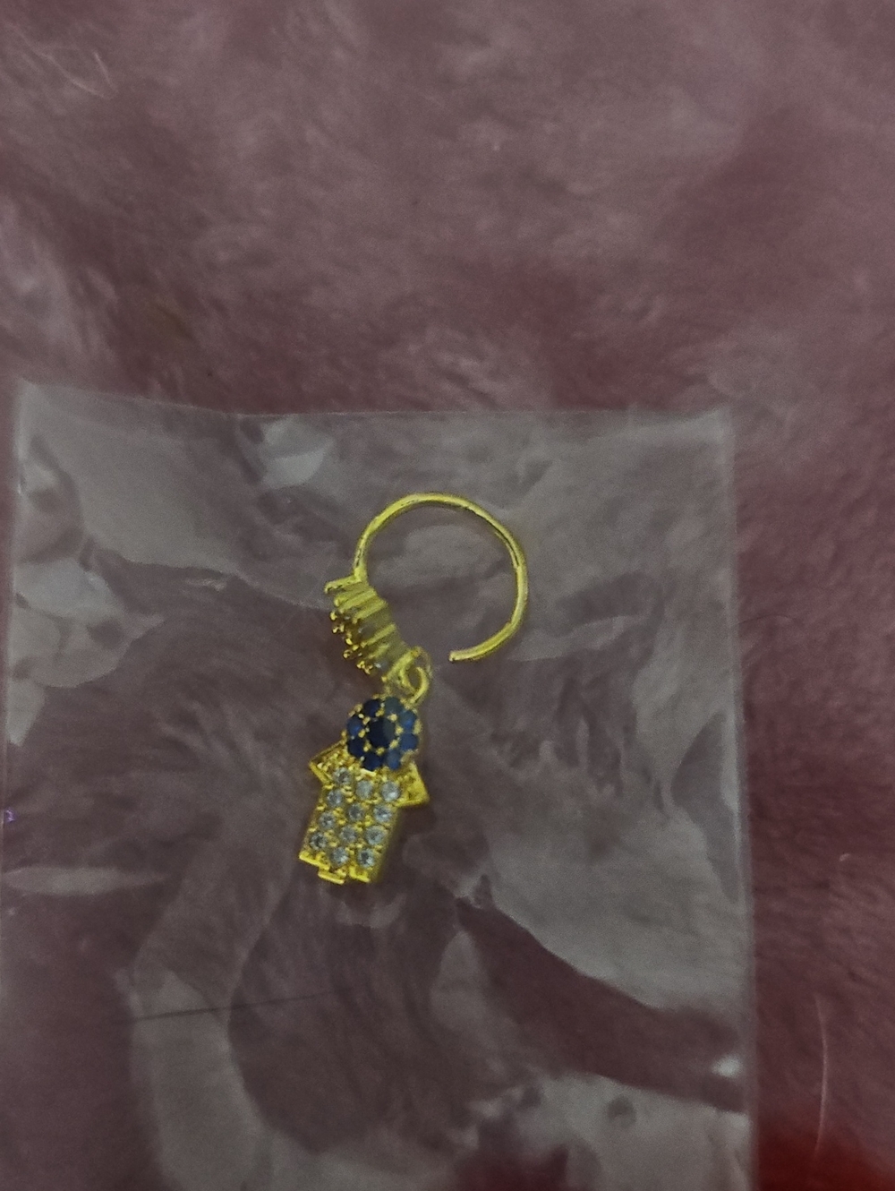 Gold Hamsa Charm Hoop Nose Ring with Blue and Clear Stones